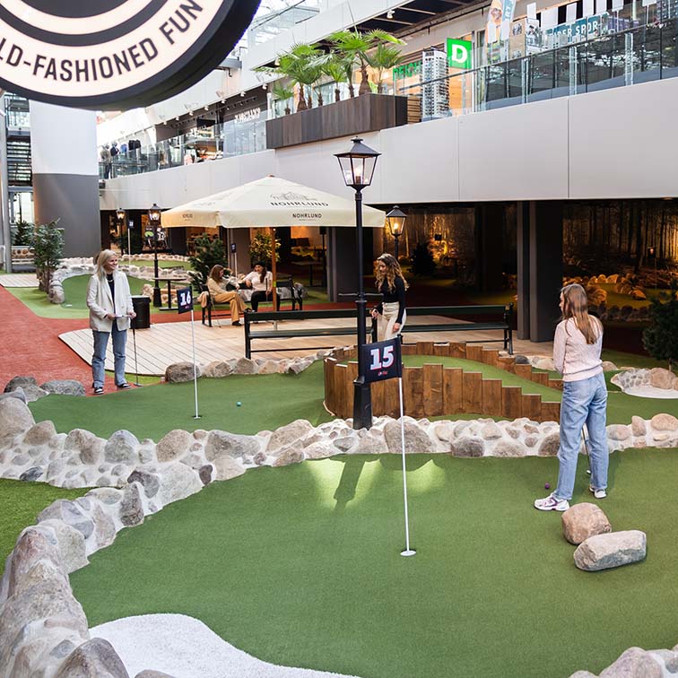 Tag familie, venner og kollegaer med og spil minigolf på Cecilie´s 1200 m2 indendørs 18 hullers minigolfbane.